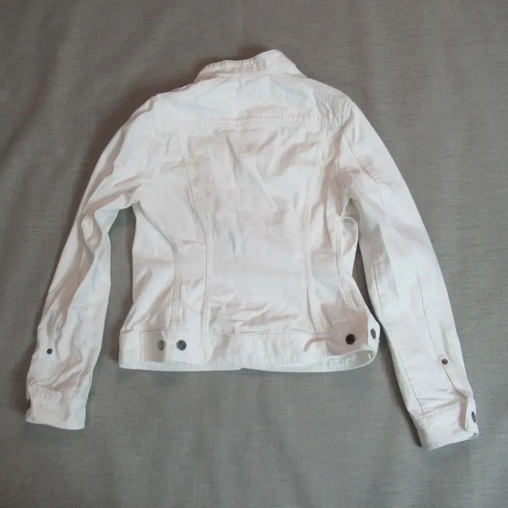 Eddie Bauer Denim Jacket Womens Small White Jean Button Up Summer Preppy Modern